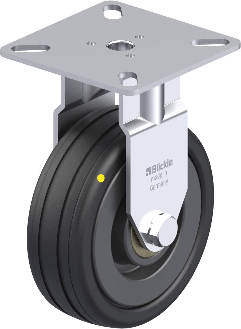 Industrie-Lenkrolle mit grauer Montageplatte und schwarzem Rad, markiert mit Logo 'Blickle, made in Germany'.