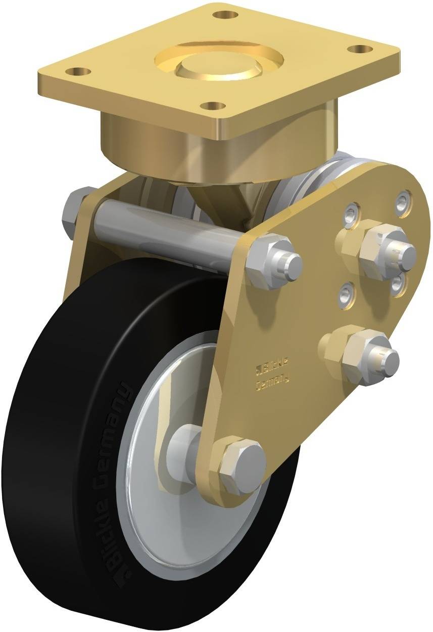 Ein goldfarbenes Schwenkrollen-Design mit schwarzem Rad und Befestigungsplatte, geeignet für Möbel oder Geräte.