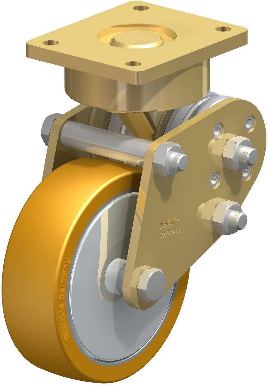 Ein industrielles Rad mit metallischer Befestigungsplatte und Achse, in Goldfarben, zeigt technische Merkmale wie Bolzen und Mutter.