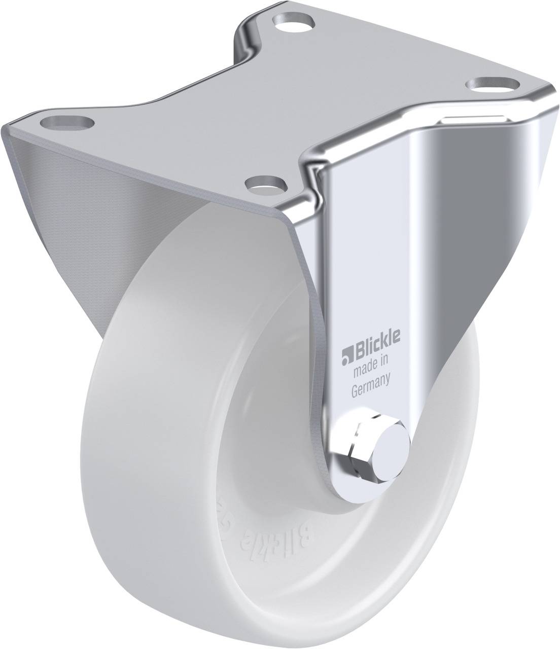 Metallrolle mit weißem Rad, montierbar an Möbeln oder Geräten. Hergestellt in Deutschland.