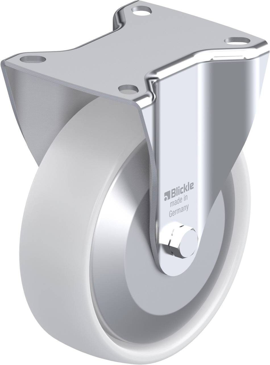 Metallrolle mit grauem Rad und Befestigungsplatte aus Stahl. Aufschrift: 'Blickle made in Germany'.