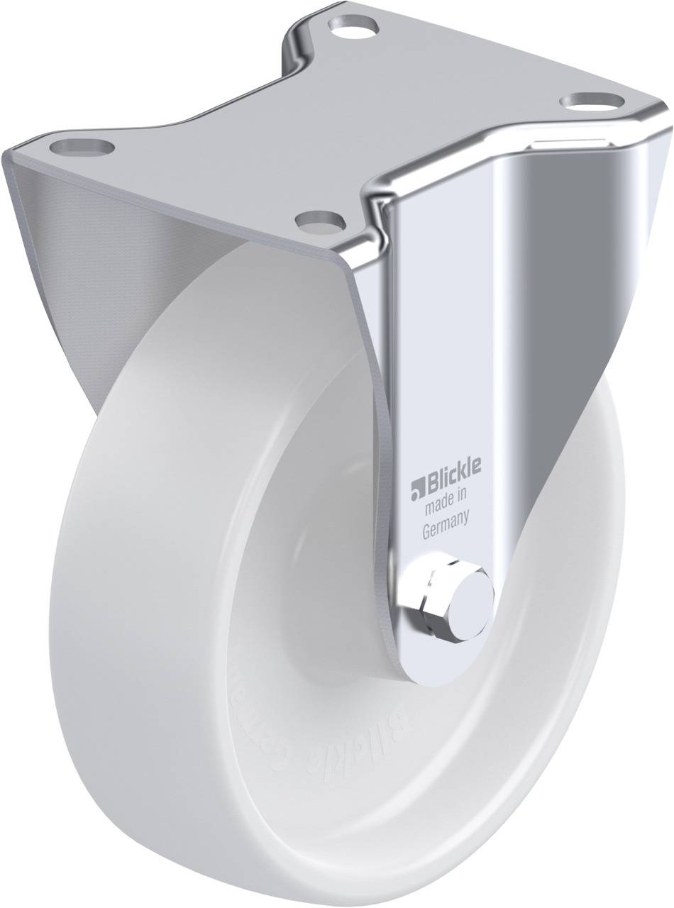 Eine silberne und weiße Rolle aus Metall und Kunststoff, mit der Aufschrift 'Blickle made in Germany' auf der Halterung.