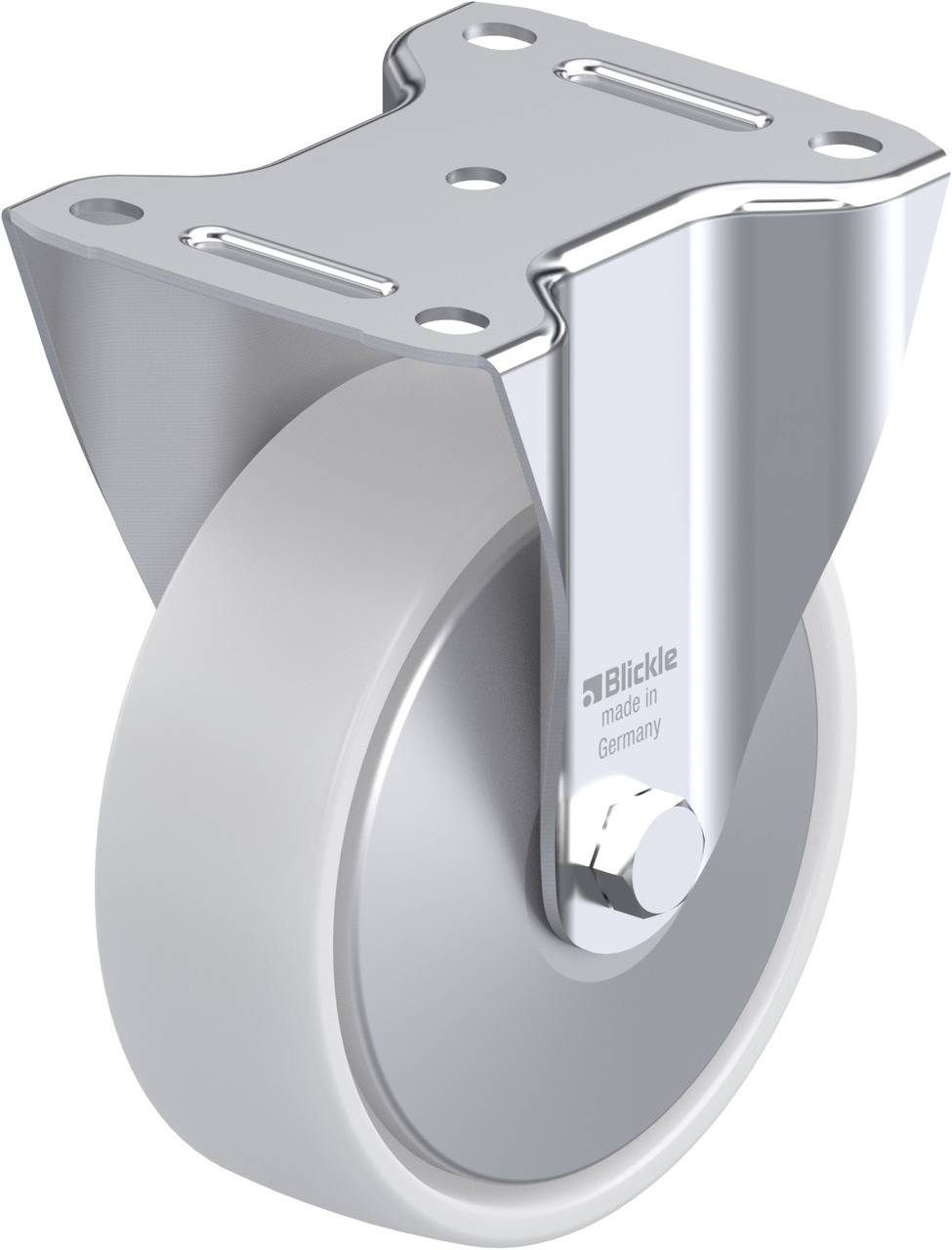Eine silberne Lenkrolle aus Metall mit einem weißen Kunststoffrad, geeignet für Möbel oder Geräte, hergestellt in Deutschland.
