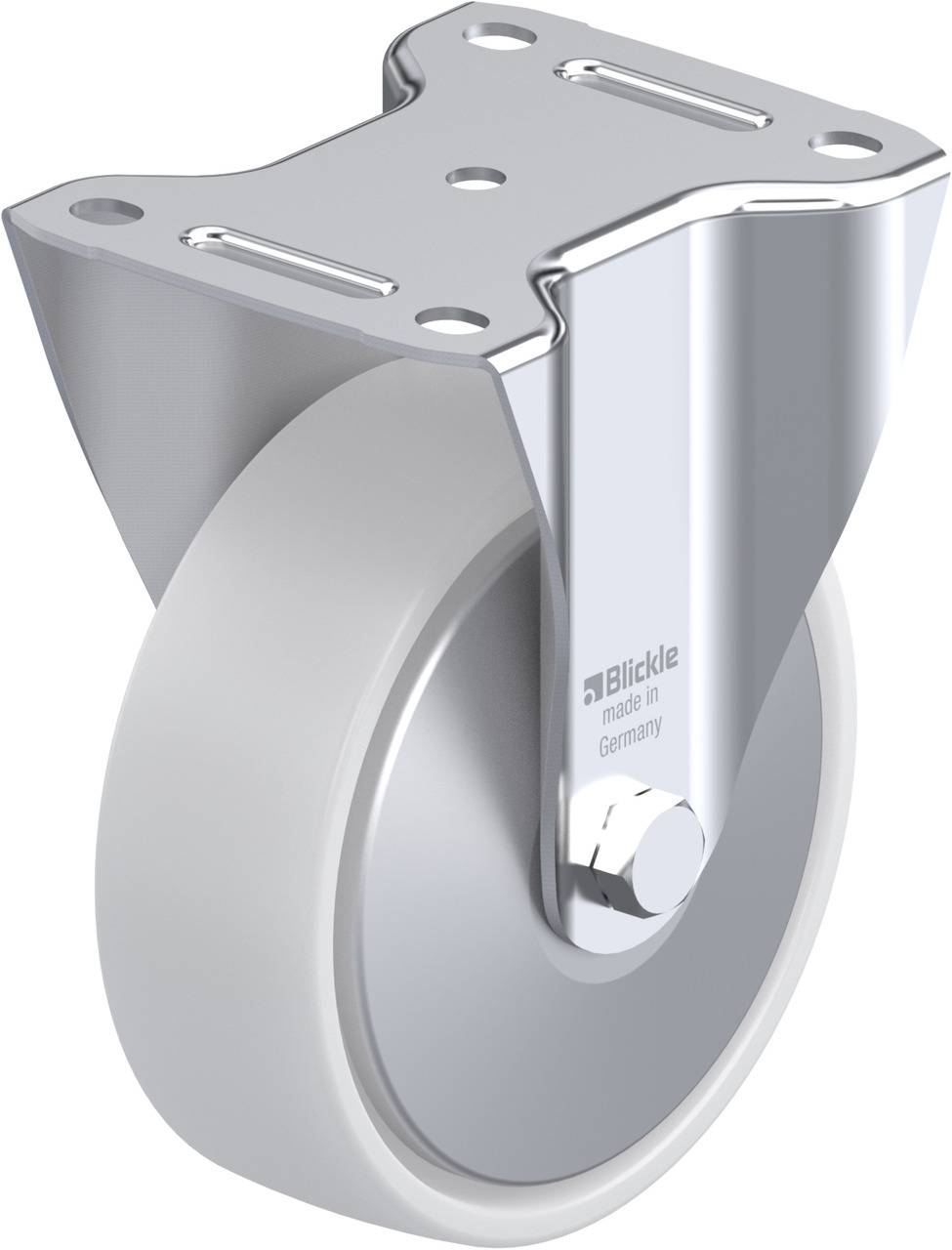 Ein silbernes Möbelrad mit einem weißen Rad ist in einem Metallgehäuse befestigt. Auf dem Gehäuse steht 'Blickle, Made in Germany'.