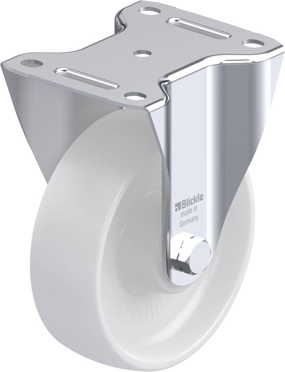 Rolle mit weißem Rad und glänzendem Metallgehäuse, hergestellt in Deutschland. Markennamen 'Blickle' auf Metall geprägt.