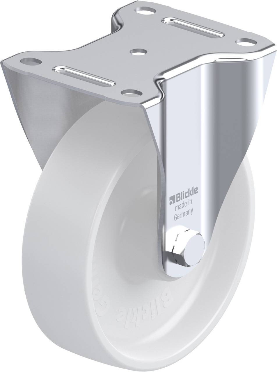 Grauer Bockrolle mit weißem Rad, Aufschrift 'Blickle made in Germany' auf der Halterung.