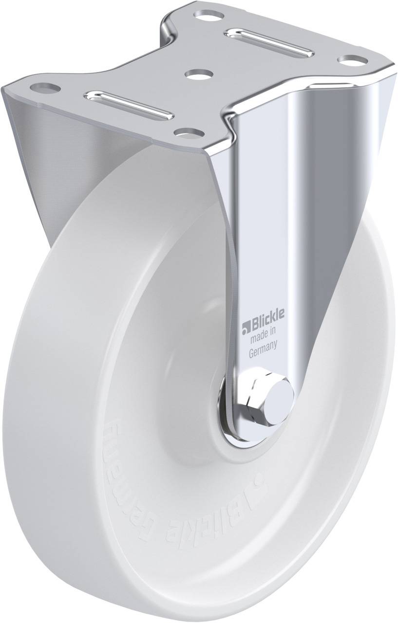 Ein graues Rad mit einer Metallhalterung, geeignet für Möbel oder Geräte, hergestellt von 'Blickle Made in Germany'.