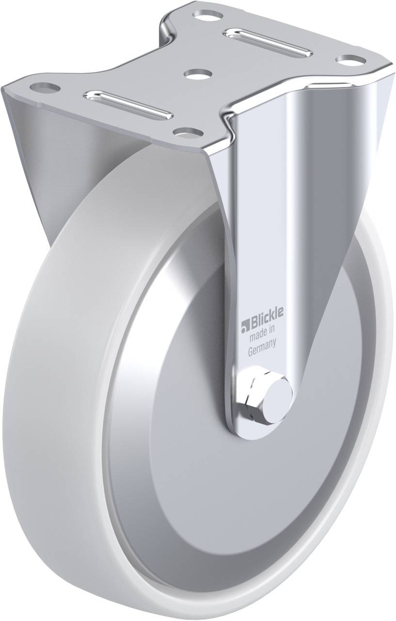 Solides Rad mit silbernem Halter für Transportgeräte. Quadratische Halterung mit Befestigungslöchern. Beschriftung 'Blickle made in Germany'.