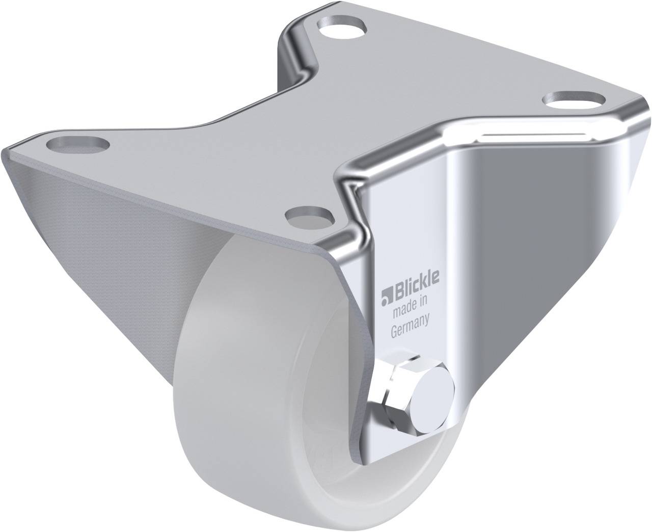 Metallhalterung mit eingebautem Rad, hergestellt von 'Blickle' in Deutschland. Nutzt man oft für rollbare Möbel oder Geräte.