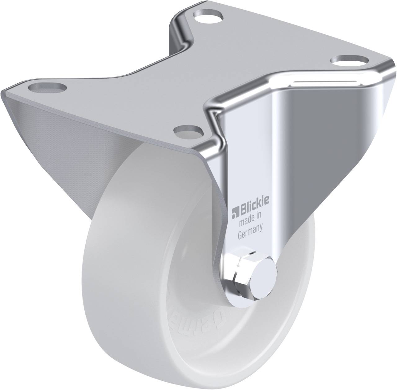 Metall-Lenkrolle mit heller Kunststoffbereifung und Platte, von Blickle, 'made in Germany'. Ideal für leichte Transportanwendungen.
