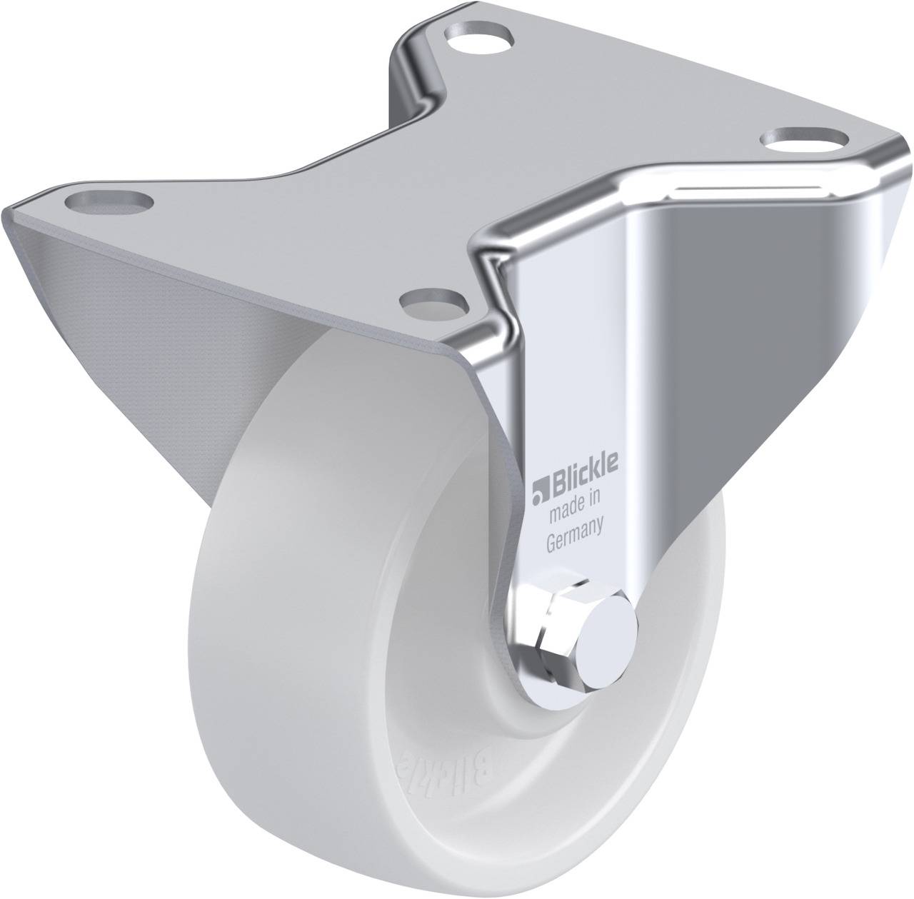 Schwenkrolle aus Metall mit weißem Kunststoffrad, geeignet für Möbel oder Geräte. Markenbeschriftung 'Blickle made in Germany' sichtbar.