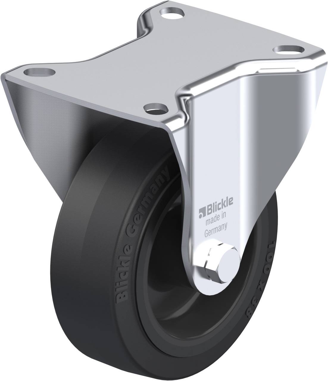 Schwenkrolle mit schwarzem Rad und silberner Halterung aus Metall, beschriftet mit 'Blickle made in Germany'. Ideal für Möbel oder Industriegebrauch.
