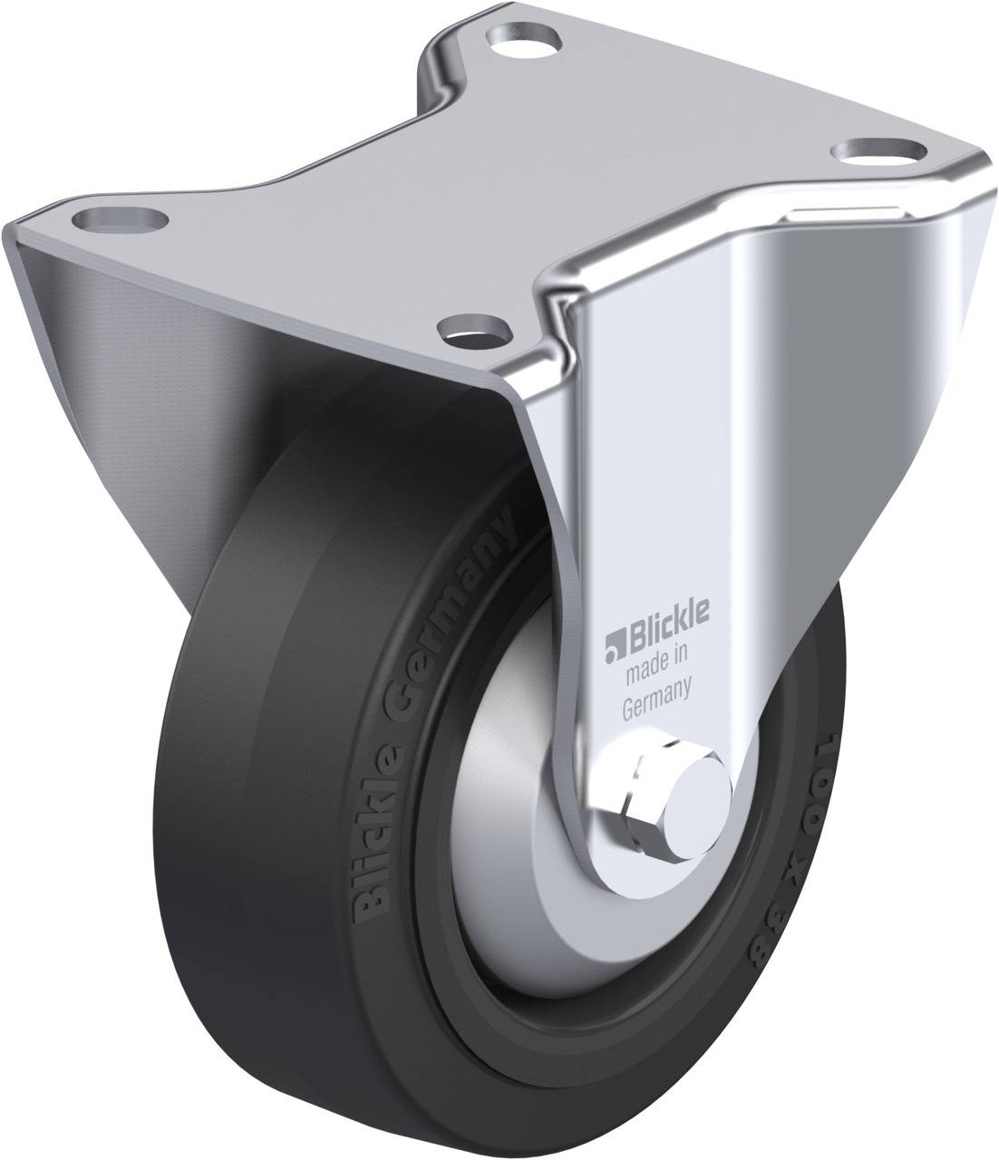 Schwenkrolle mit schwarzem Gummirad und metallener Platte, geeignet für industrielle Anwendungen. Hergestellt in Deutschland.