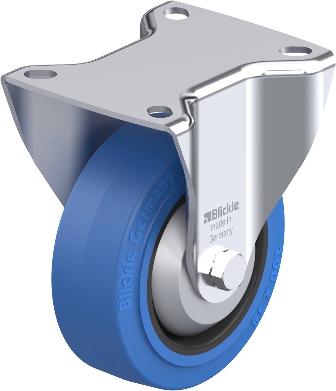 Metallrolle mit blauer Gummibereifung und einem Befestigungsplatte. Aufdruck 'Blickle made in Germany' auf der Rolle.