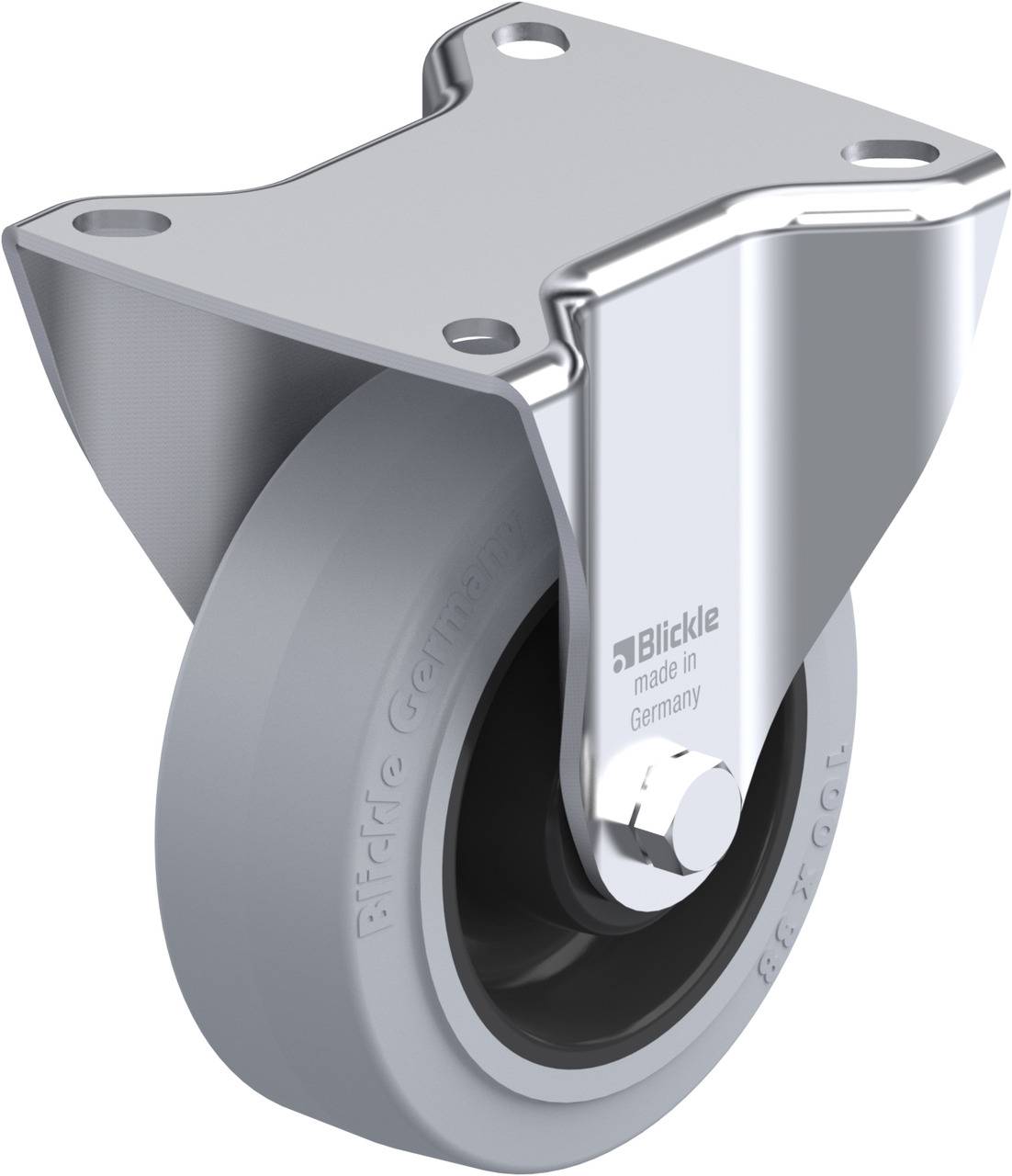 Graue Lenkrolle mit Metallhalterung und Schraube, graviert mit 'Blickle made in Germany'.