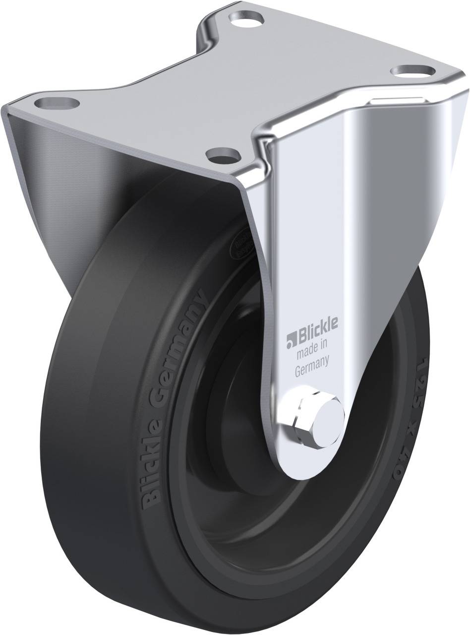 Ein schwarzes Rad mit einer silbernen Metallhalterung, hergestellt in Deutschland, für die Montage an Möbeln oder Geräten.