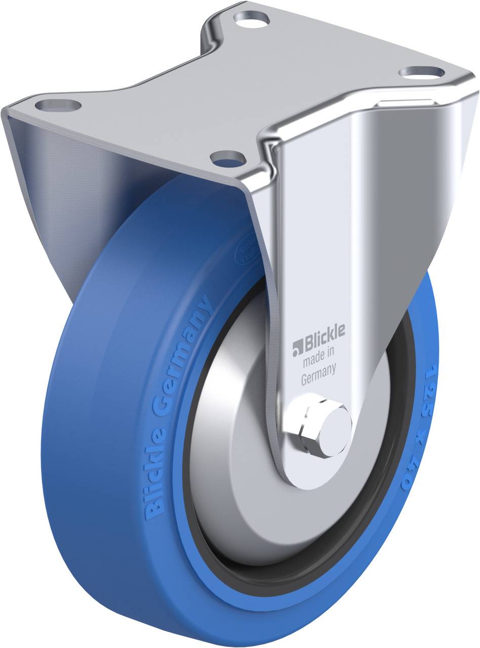 Blickle-Rolle aus Metall mit blauem Gummirad und Halterung, geeignet für industrielle Anwendungen. Aufschrift: Bickle, made in Germany.