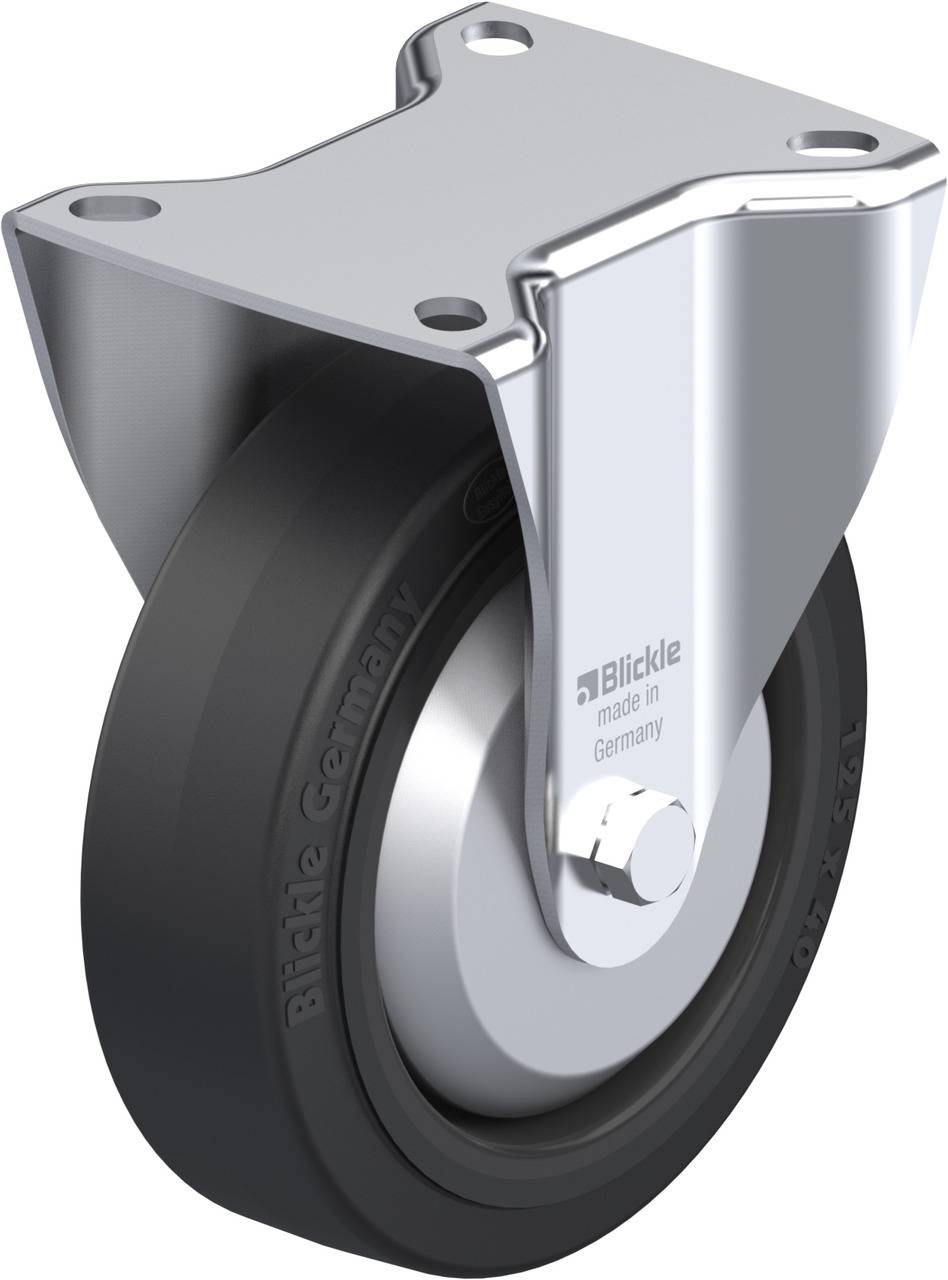 Rolle mit Metallhalterung, schwarz und silbern, markiert mit 'Blickle made in Germany', geeignet für industrielle Anwendungen.