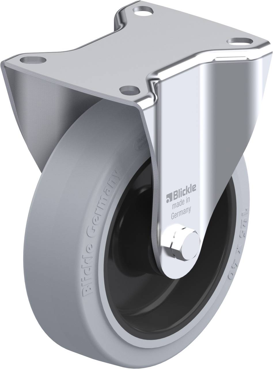 Graues Rad mit Metallhalterung. Aufschrift 'Blickle made in Germany'. Geeignet für Möbel oder Geräte zum leichten Bewegen.