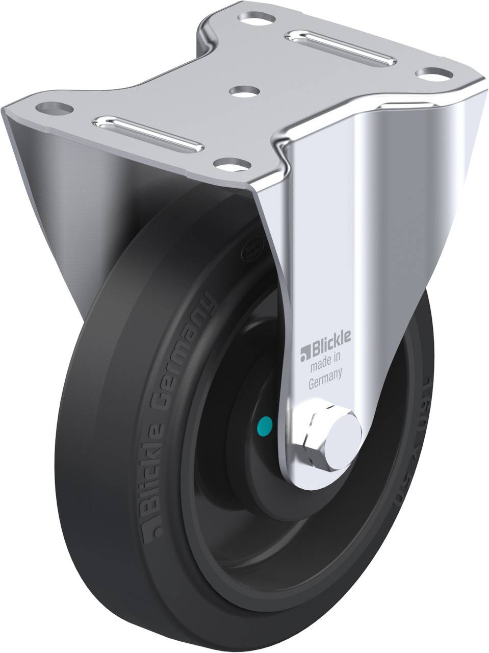 Eine schwenkbare Rolle aus Metall mit schwarzem Rad, geeignet für den industriellen Einsatz. Aufdruck 'Blickle made in Germany'.