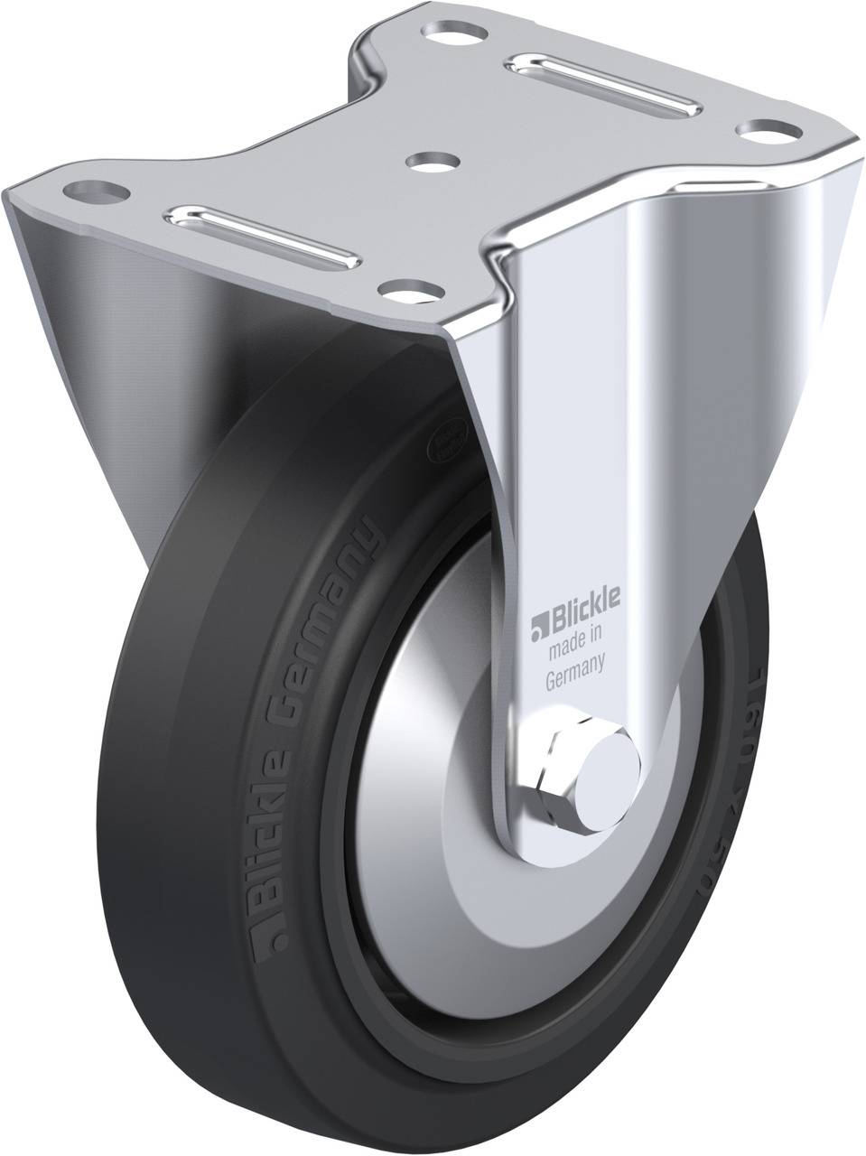 Eine Metall-Lenkrolle mit schwarzem Gummirad und glänzender Halterung, auf der 'Blickle made in Germany' steht.