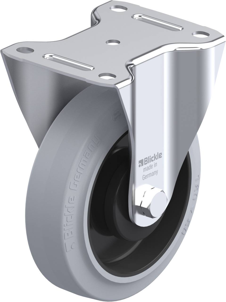 Grau-blaues Rollrad mit silbernem Metallhalter. Im Halter steht 'Blickle made in Germany'. Ideal für Möbel oder Geräte.