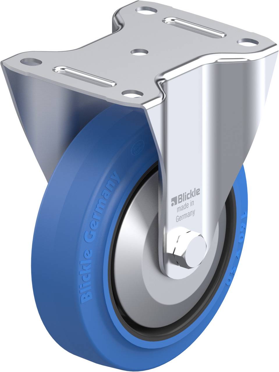 Industrie-Rolle mit blauem Rad und silbernem Metallsockel. Aufschrift 'Blickle Germany'. Geeignet für schwere Lasten.