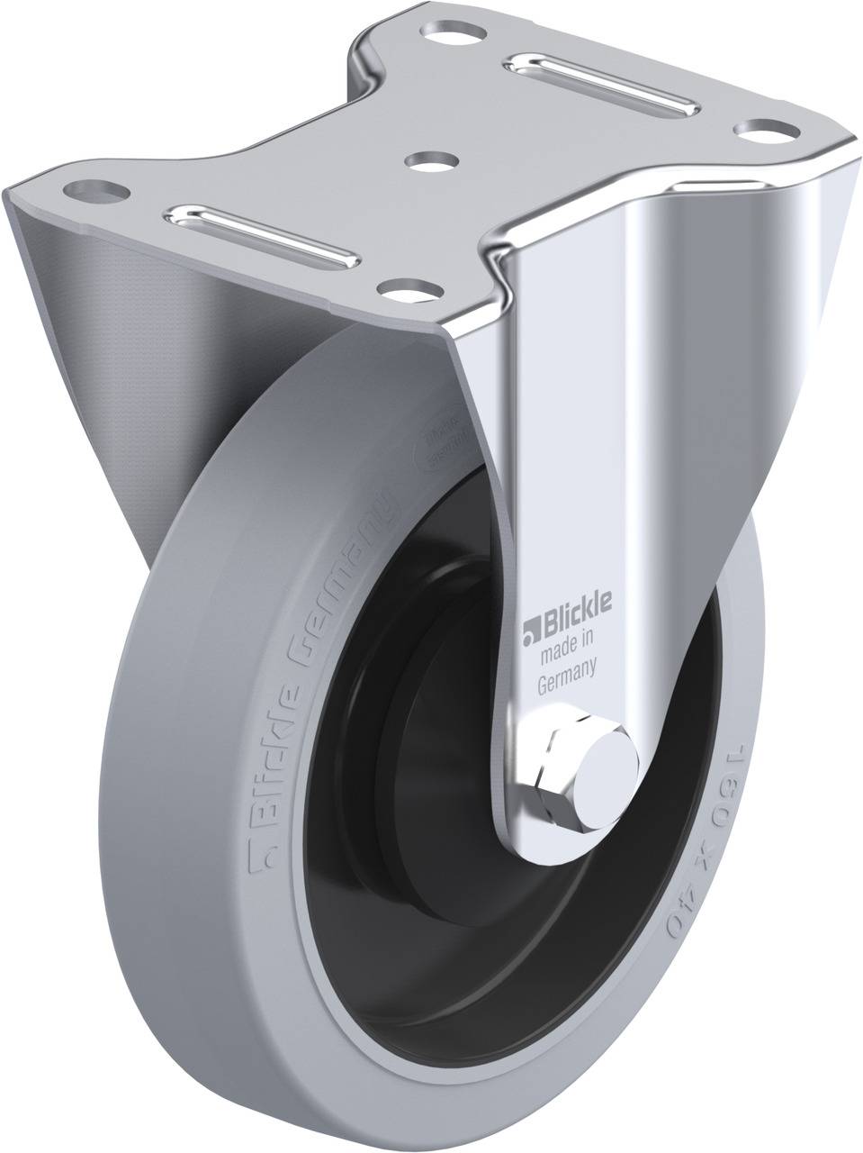 Graue Laufrolle mit Befestigungsplatte. Geeignet für industrielle Anwendungen. Hergestellt in Deutschland, von der Firma Blickle.
