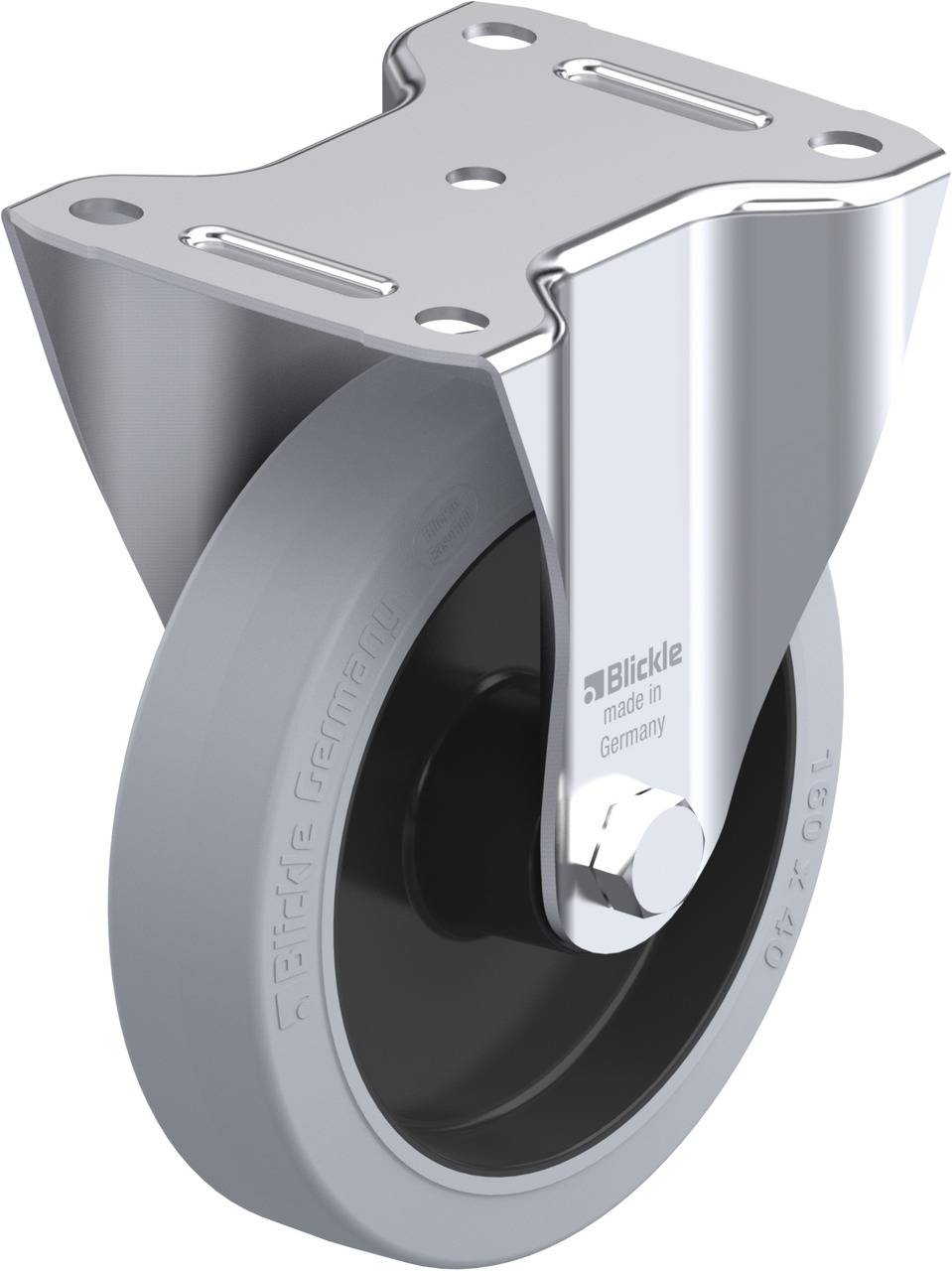 Rolle aus Metall mit grauem Rad und Halterung, auf der 'Blickle' und 'made in Germany' steht.