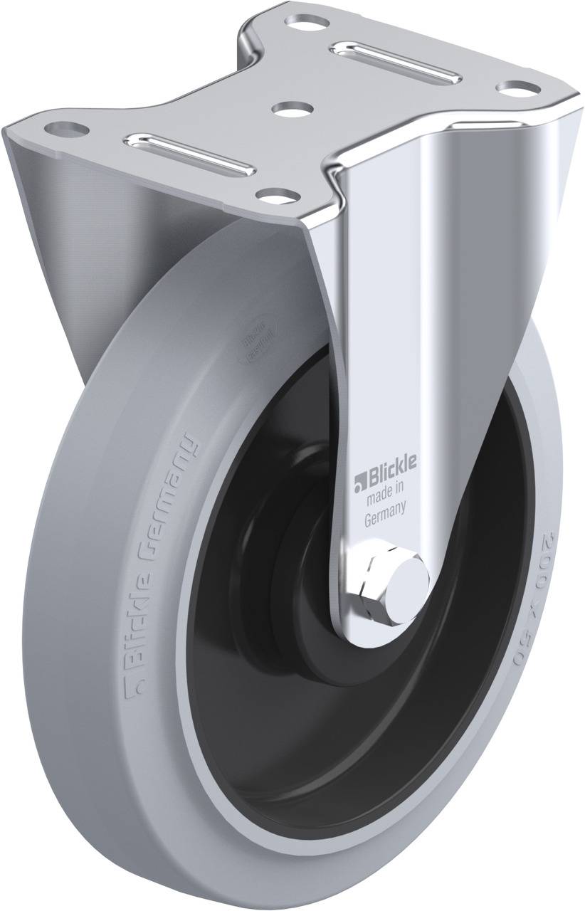 Metallplatte mit schwarzem Rad, grauem Gummireifen, Aufdruck 'Blickle Germany'.