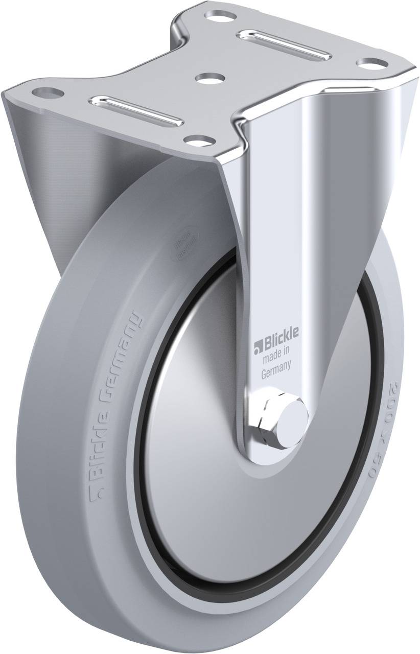 Industrie-Lenkrolle aus Metall mit grauem Gummirad, „Blickle, made in Germany“ aufgedruckt, robustes Design für schwere Lasten.