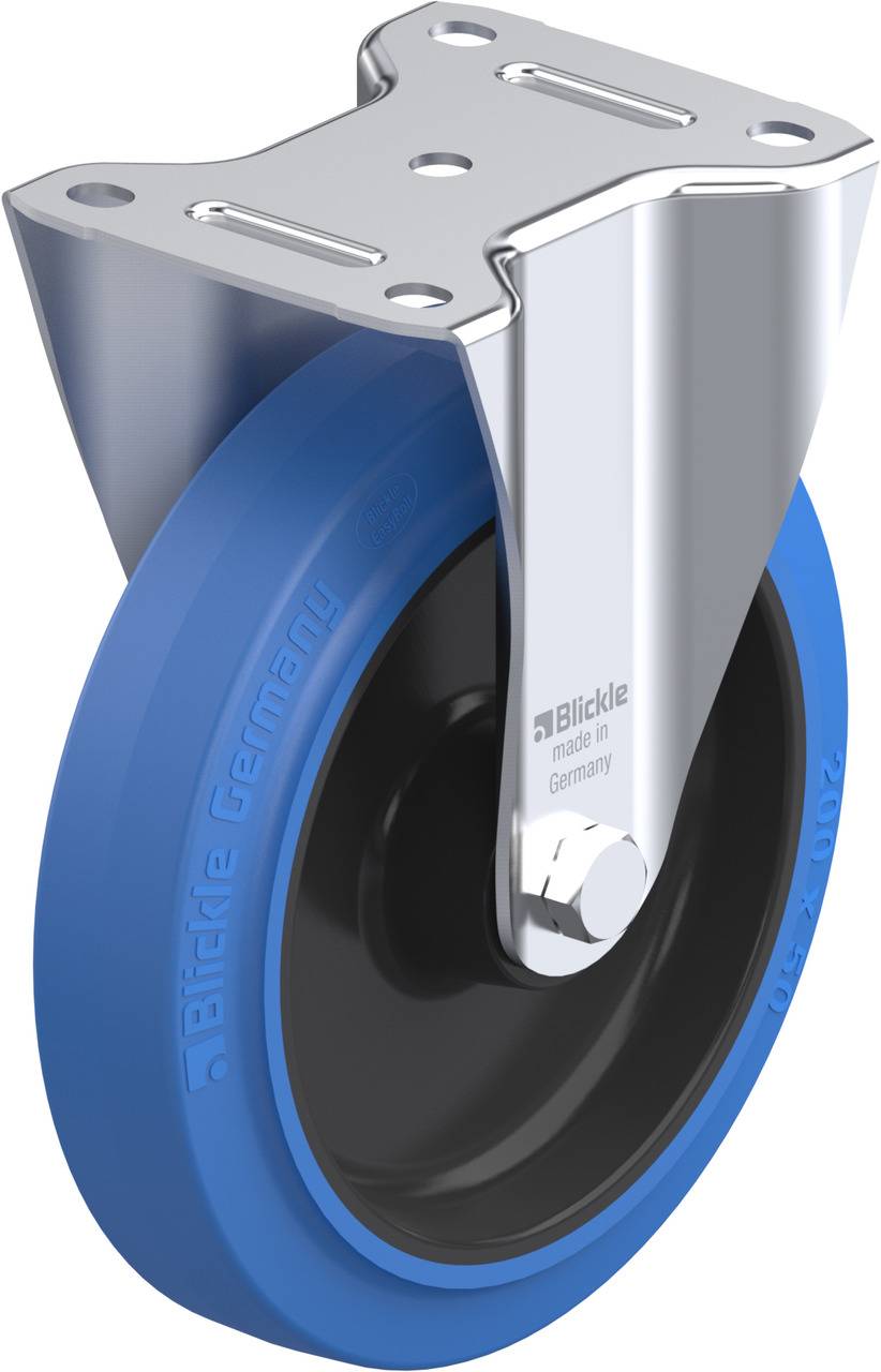 Industrielle Lenkrolle mit blauem Gummirad und silberner Halterung. Text: 'Blickle Germany'. Hauptsächlich für Transportzwecke.