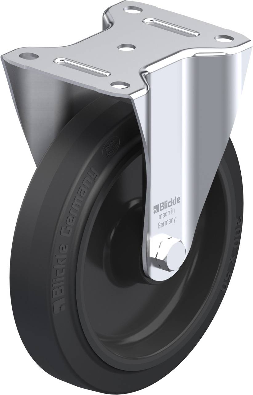 Schwenkrolle mit schwarzem Gummirad und silberner Halterung, geeignet für Möbelfüße oder Transportwagen. Markiert mit 'Blickle Germany'.