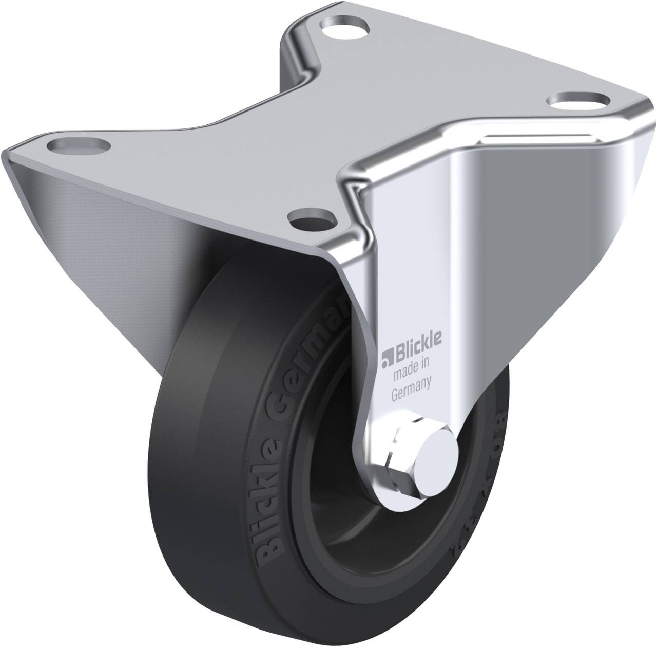 Metallrolle mit schwarzem Rad, befestigt an einem glänzenden, L-förmigen Metallgestell, auf dem 'Blickle made in Germany' steht.
