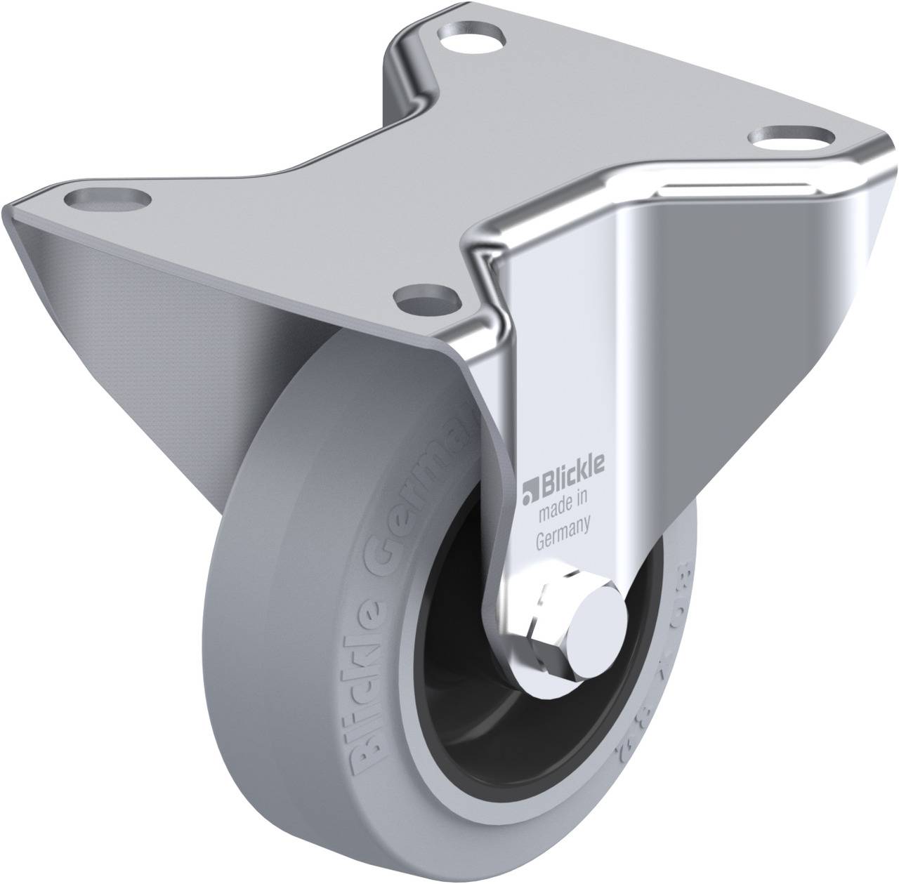 Metallrolle mit grauem Gummirad und Befestigungsplatte. Die Aufschrift 'Blickle made in Germany' ist zu sehen.