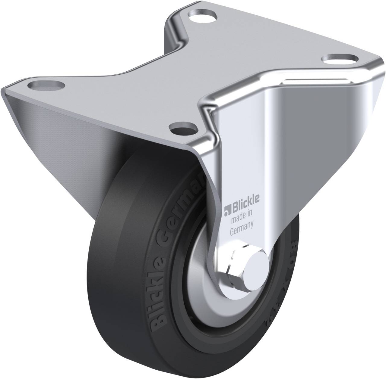Ein schwarzes Rad mit einer glänzenden Metallhalterung, beschriftet mit 'Blickle made in Germany', geeignet für Möbel oder Geräte.