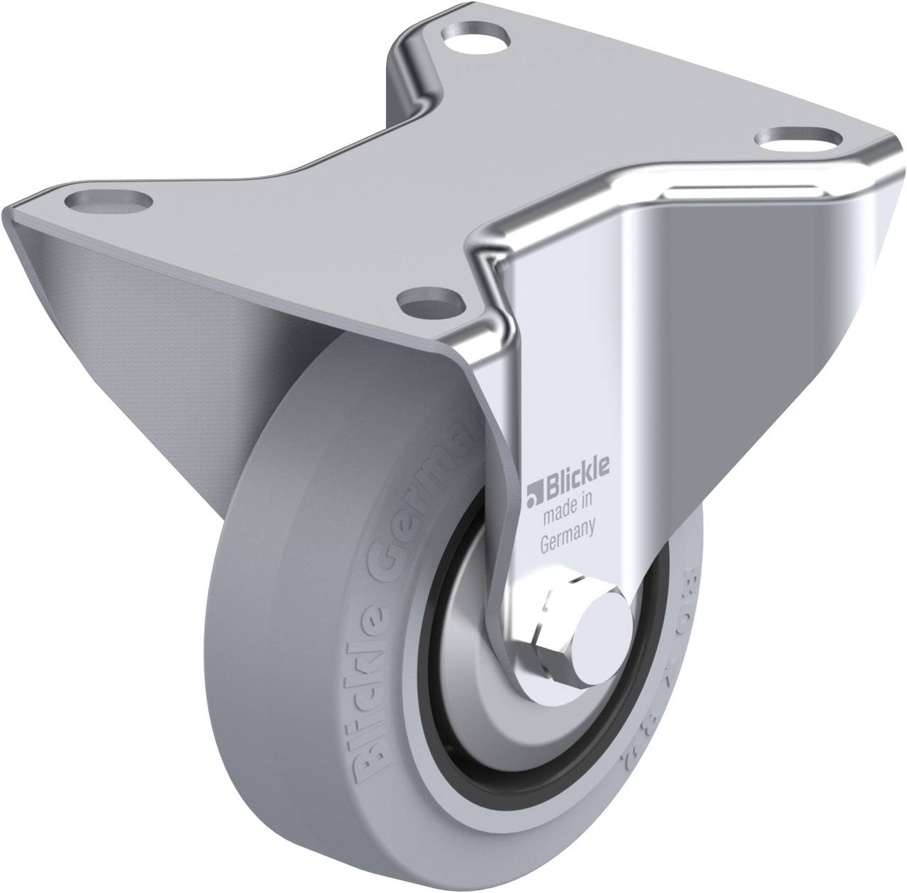Industrielles Lenkrollenrad aus Metall mit grauem Gummi und Aufschrift 'Blickle made in Germany'.