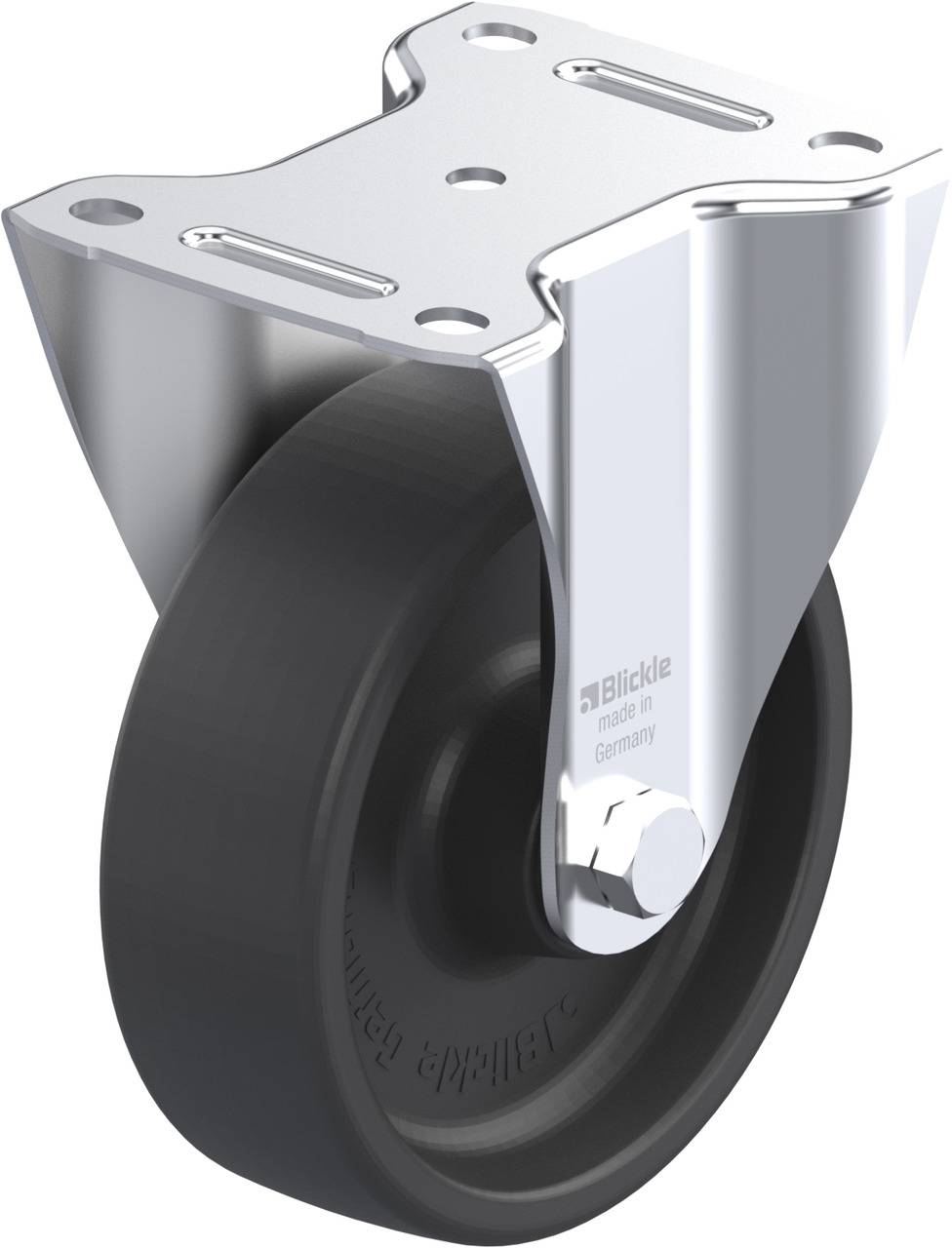 Industrie-Lenkrad aus Metall und Kunststoff, geeignet für schwere Lasten mit 'Blickle made in Germany' Aufdruck.