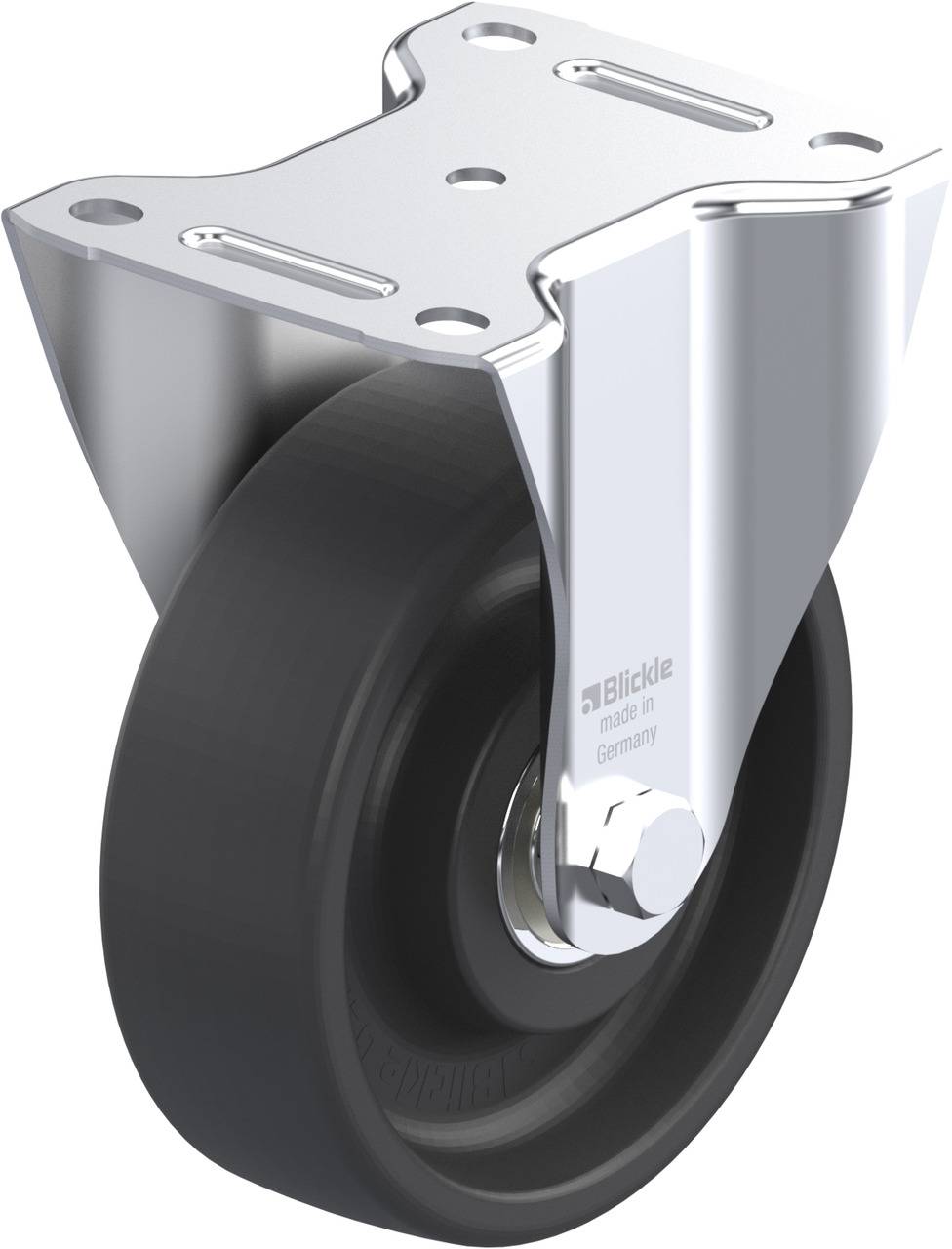 Rollenrad aus Metall mit schwarzem Reifen, geeignet für Möbel- oder Industrieanwendungen. Herstellername 'Blickle' auf der Halterung.