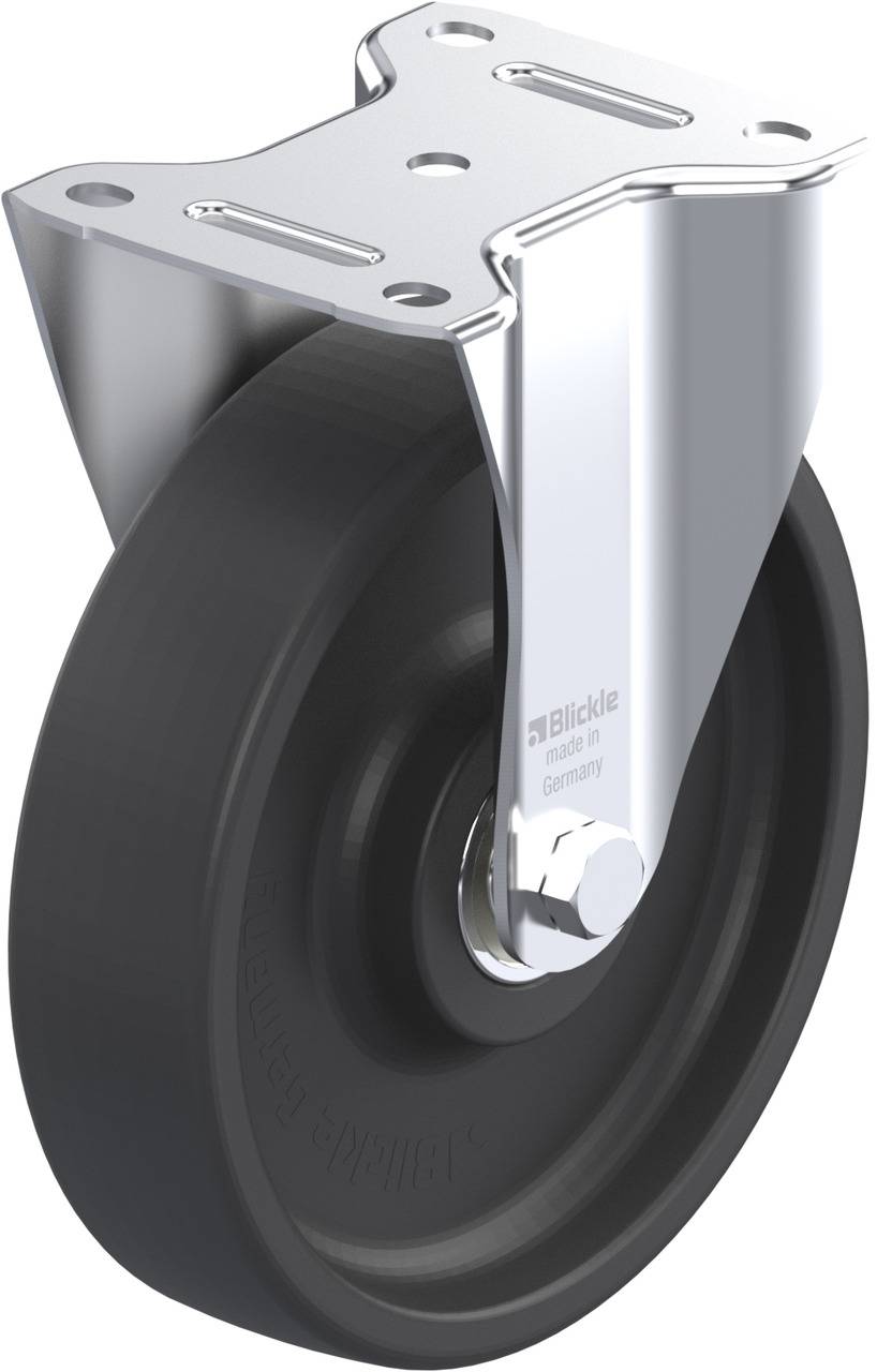 Ein Lenkrolle mit schwarzem Rad und verzinkter Stahlhalterung. Geeignet für industrielle Anwendungen, bietet Flexibilität und Stabilität.