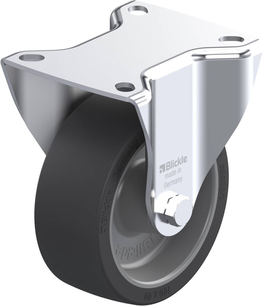 Schwenkrolle mit Metallhalterung und schwarzem Rad. Auf der Halterung steht 'Blickle made in Germany'. Geeignet für Möbel oder Transportwagen.