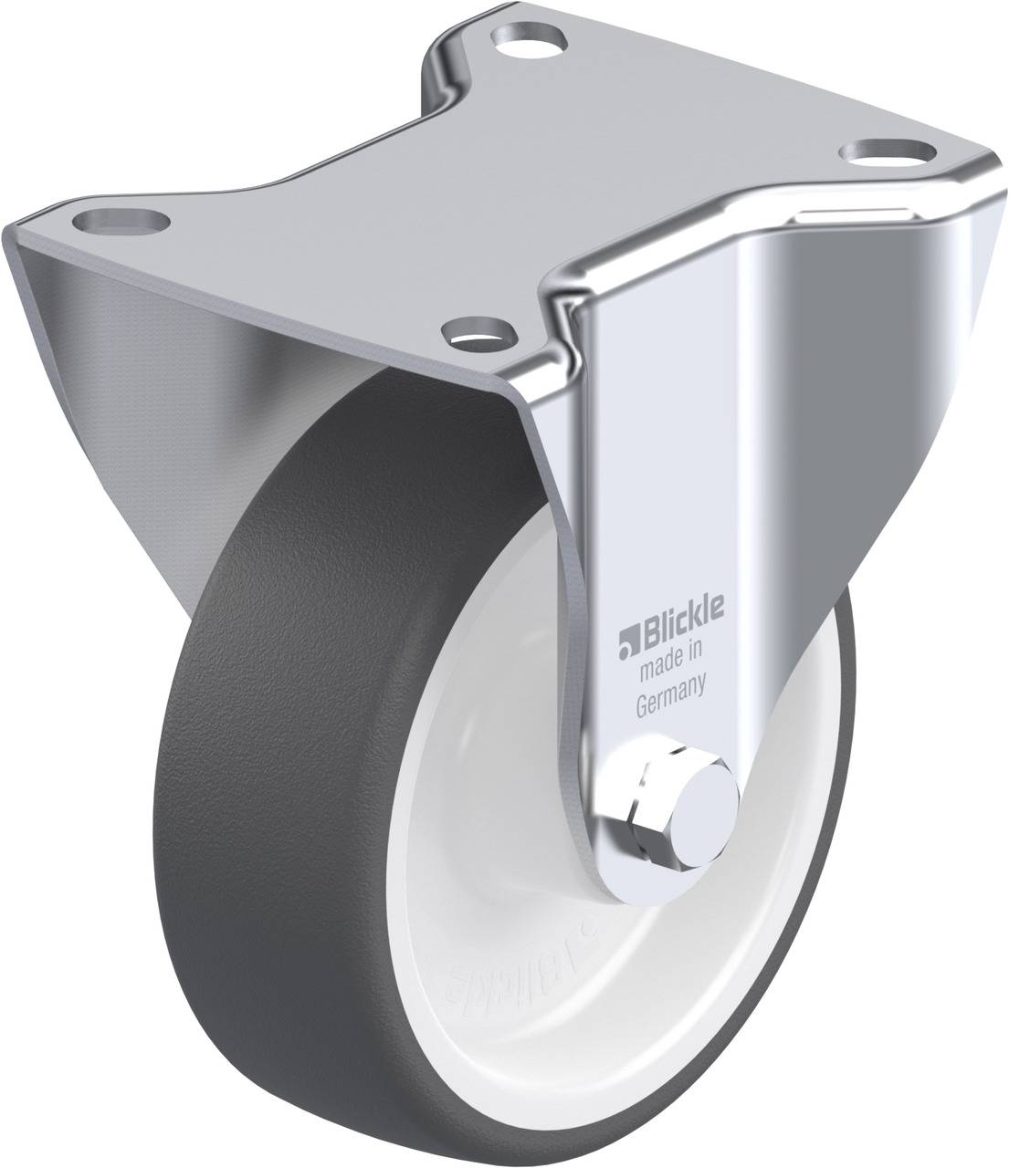 Silbernes, drehbares Rad mit grauer Gummibeschichtung und weißem Kunststoffkern, hergestellt von 'Blickle' in Deutschland.