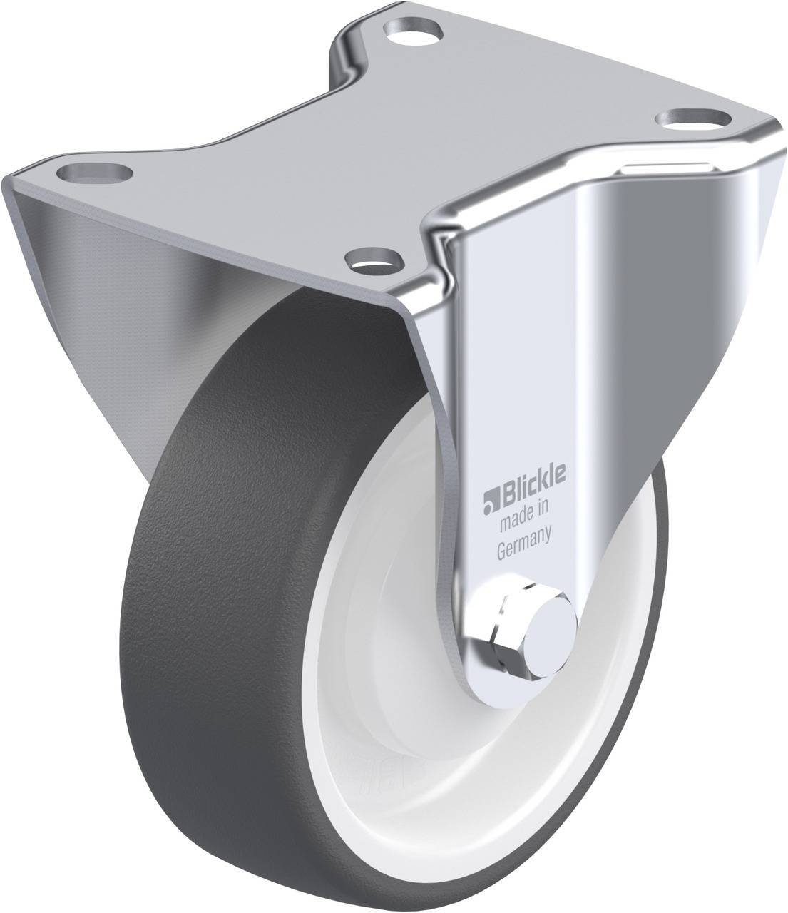 Grau-schwarzes Schwenkrolle mit festem Metallgehäuse, Logo 'Blickle Germany' auf der Seite.