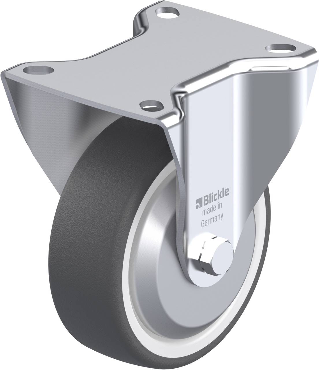 Eine Metall-Lenkrolle mit grauem Rad, hergestellt in Deutschland von Blickle. Geeignet für bewegliche Geräte und Möbel.