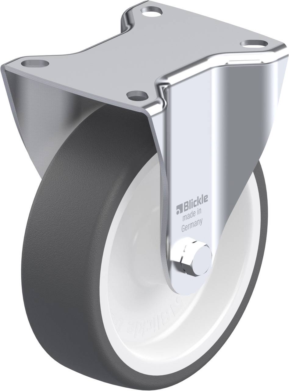 Eine robuste Transportrolle mit schwarzem Rad und silberner Halterung, markiert mit 'Blickle made in Germany'.