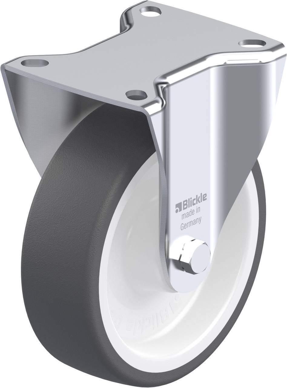 Metallisches Lenkrollenrad mit schwarzer Gummibereifung und weißem Kunststoffkern. Aufschrift: 'Blickle made in Germany'.