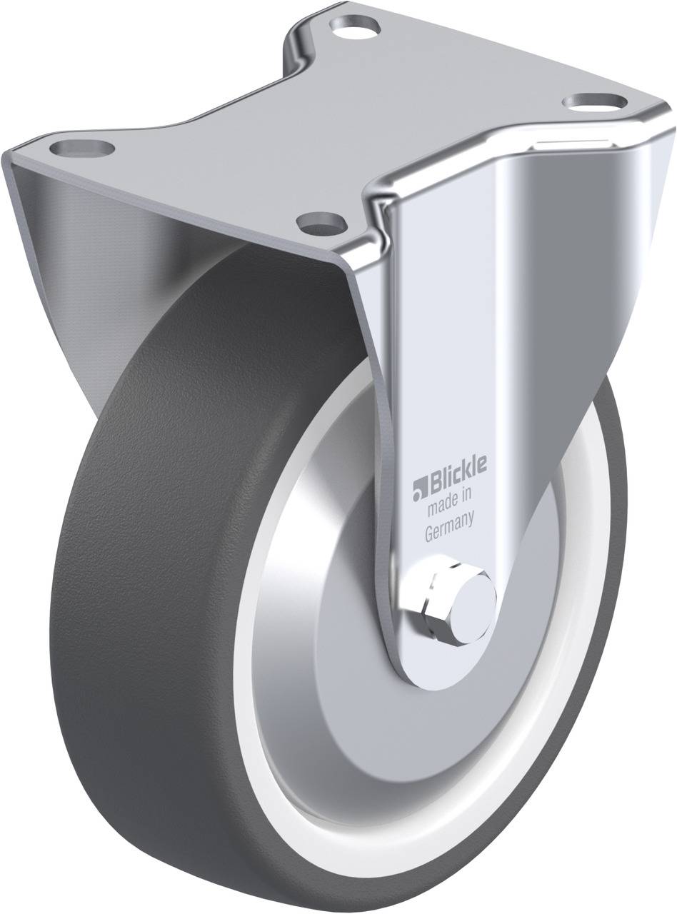 Grau-schwarzes Industrieschwenkrad mit Metallbefestigung, geeignet für schwere Lasten, 'Blickle made in Germany' Aufschrift erkennbar.