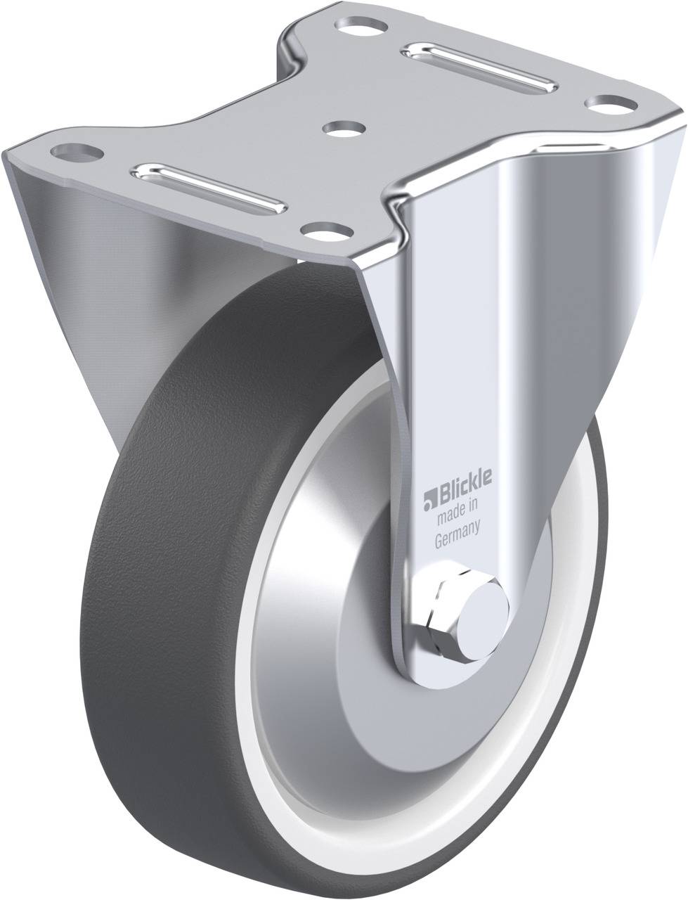 Metallenes Lenkrolle mit schwarzem Rad und silberner Halterung, auf der 'Blickle made in Germany' steht.