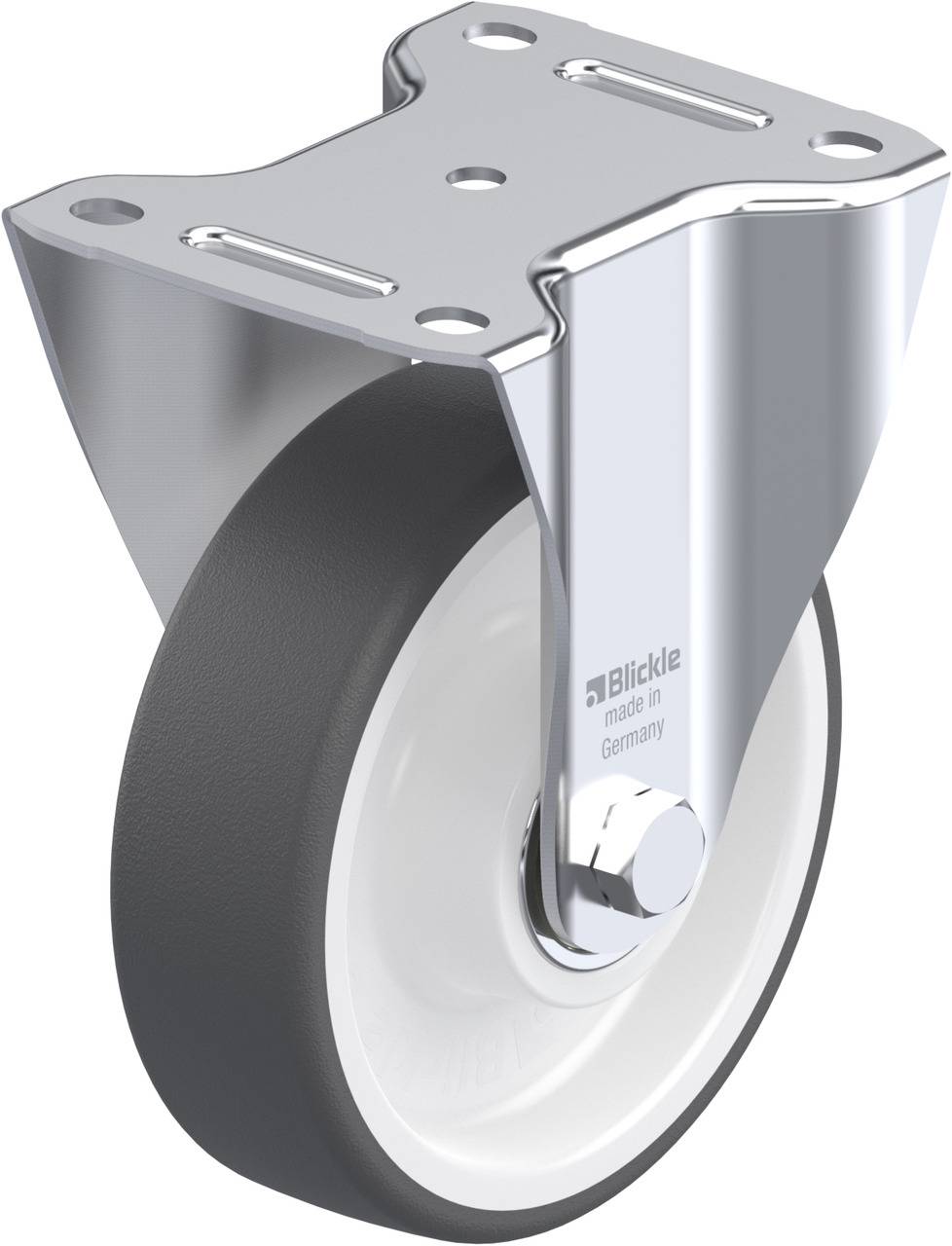 Rollenrad aus Metall mit silbernem Befestigungshalter, weißem Rad und schwarzer Lauffläche, hergestellt in Deutschland.