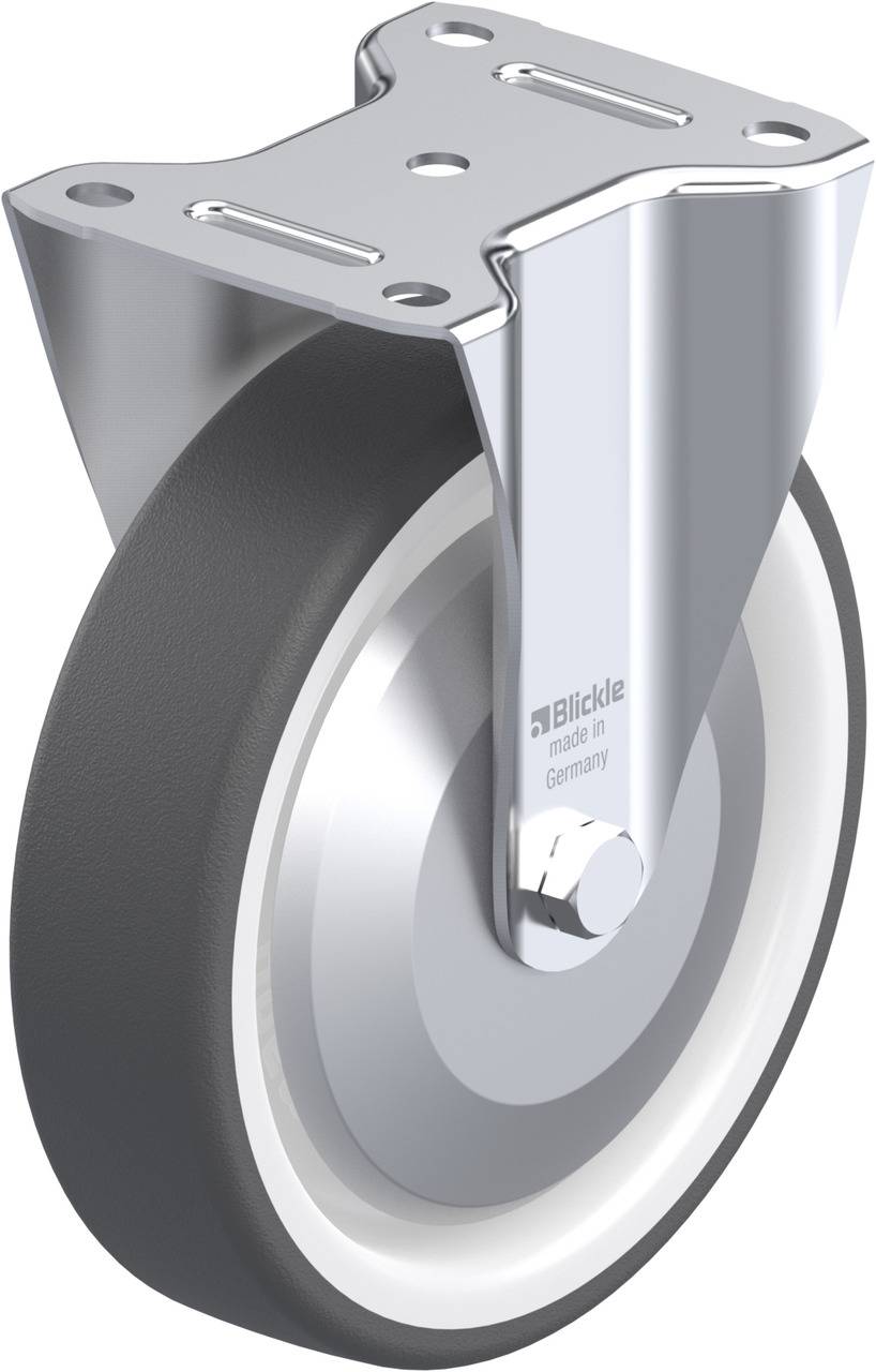 Metallrolle mit befestiger Halterung und schwarzem Rad. Auf der Halterung steht 'Blickle, made in Germany'.